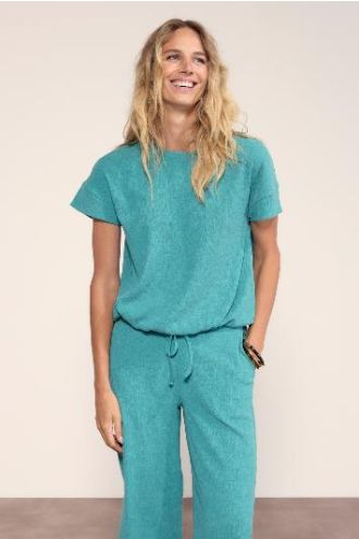 Tramontana_Crinkled_Short_Sleeve_top_Deep_Aqua_Blue_Hilnetta_s_2